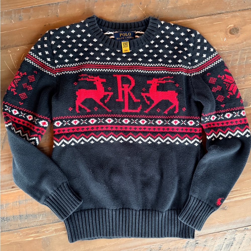 Ralph Lauren Christmas Boys Size 10-12 (Medium) Knit Crew Sweater❤️🖤